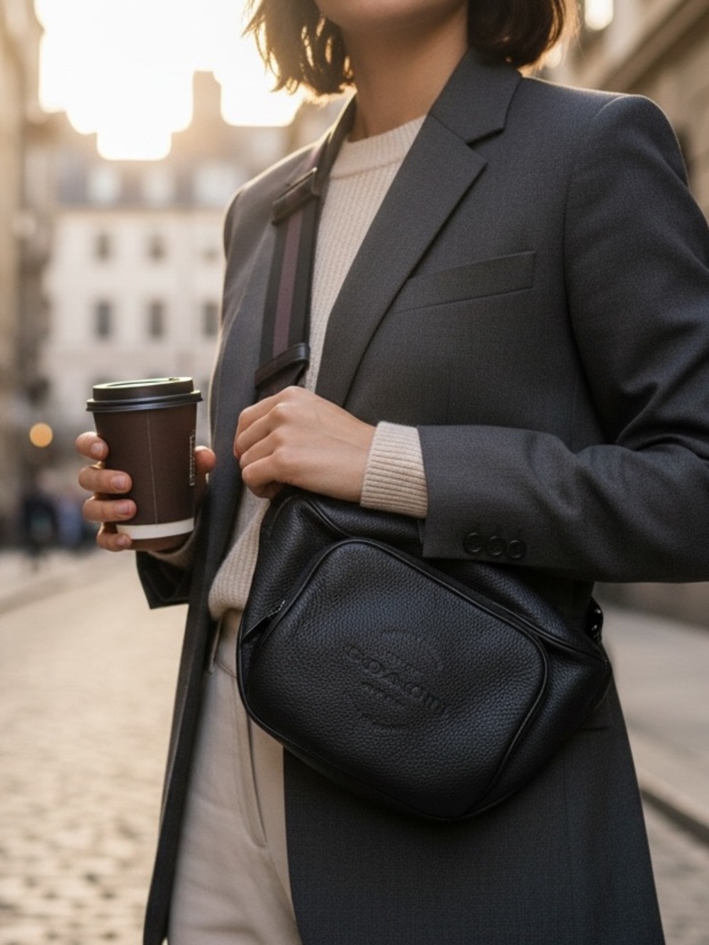 Coach Black Pebbled Leather Belt Bag | Minimalist Sling Crossbody